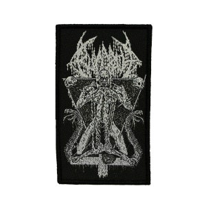 May include: Black and white embroidered patch with a skeletal figure in a triangular frame. The figure is surrounded by snakes and the text "SLAYER" is above the figure.