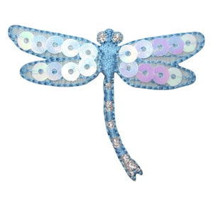 May include: A light blue dragonfly applique with iridescent sequins. The dragonfly has a long, slender body and delicate wings.