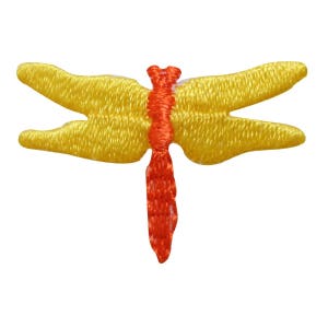 May include: Yellow embroidered dragonfly with a red body. The dragonfly is a popular motif for crafts and decorations.