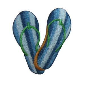 May include: A pair of blue and white striped flip flops with green straps. The flip flops are embroidered and are in the shape of a heart.