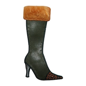 May include: A green leather boot with a brown fur cuff. The boot has a high heel and a pointed toe.