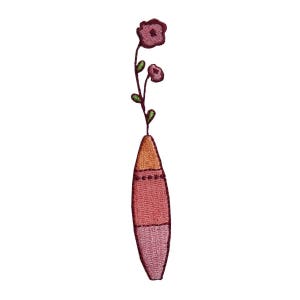 May include: A pink and orange vase with a simple flower design. The vase is tall and narrow, with a rounded bottom and a slightly flared top. The flower is a simple, stylised design with three petals and a green stem.