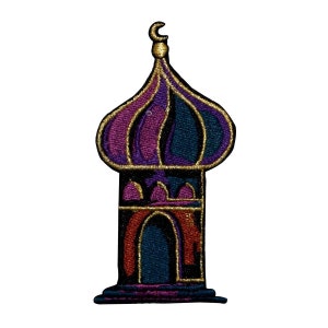May include: An embroidered patch of a purple and blue mosque with gold accents. The mosque has a crescent moon on top and a detailed design.