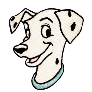 May include: A white and black cartoon Dalmatian dog with a blue collar. The dog is smiling and looking to the right.