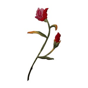 May include: Embroidered patch of a pink and red rose with green leaves and stem.