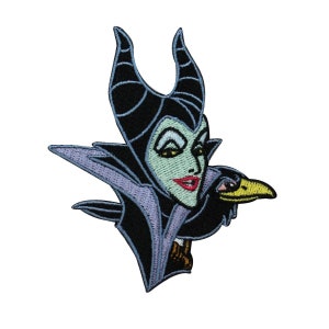 May include: An embroidered patch featuring Maleficent from Disney's Sleeping Beauty. She is depicted with her signature horns, purple and black gown, and a green face. She is holding a black raven with a yellow beak.
