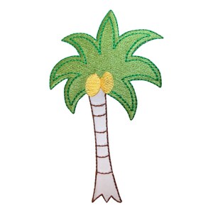 May include: Embroidered palm tree patch featuring a green frond with a yellow coconut and a white trunk with brown details. The patch is designed with a stitched outline, perfect for adding a tropical touch to clothing or accessories.