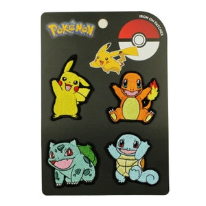 May include: Iron-on patches featuring Pokemon characters, including Pikachu, Charmander, Squirtle, and Bulbasaur. The patches are on a black card with the words "Pokemon" and "Iron On Patches".