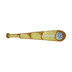 May include: A yellow and white embroidered baseball bat with a blue and white baseball at the end.