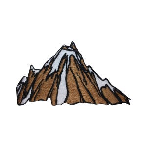 May include: Embroidered patch of a brown mountain with white snow on the peak. The mountain is outlined in black.