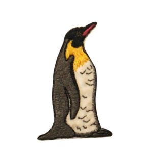 May include: An embroidered iron-on patch of a black and white penguin with a yellow chest and a red beak.