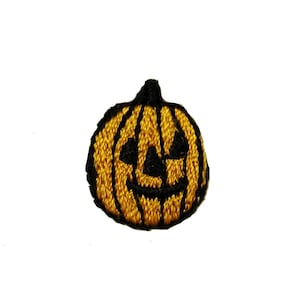 May include: A small, embroidered pumpkin patch applique with a black outline and a friendly jack-o'-lantern face. The pumpkin is a bright orange color.