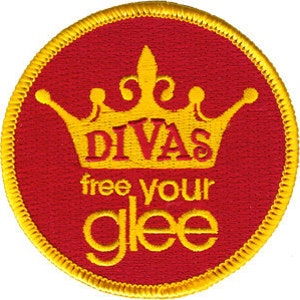 May include: Red and gold embroidered patch with a crown and the text "DIVAS free your glee".
