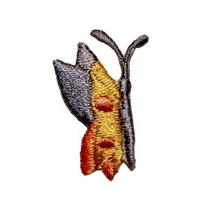 May include: A small embroidered iron-on patch of a butterfly with gray, yellow, and orange wings.