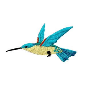 May include: A blue and yellow embroidered hummingbird with a long beak, flying with its wings spread out.