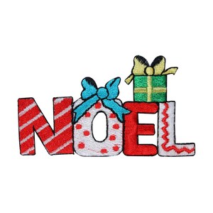 May include: Red, white, and green embroidered patch with the word "NOEL" in a festive font. The letters are decorated with stripes, polka dots, and a bow. A small green gift box with a yellow bow sits on top of the "E".