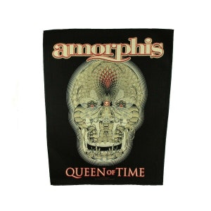 May include: Black and white patch with the band name "Amorphis" in gold lettering and the album title "Queen of Time" in red lettering. A detailed skull with a red eye is in the center of the patch.