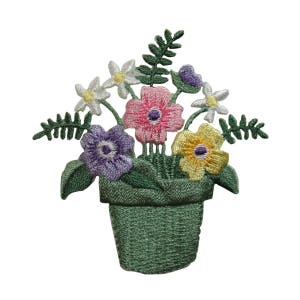 May include: Embroidered patch of a green flower pot with a variety of flowers in pink, yellow, white, and purple.