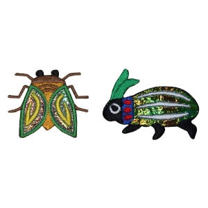 May include: Two embroidered iron-on patches featuring a green and brown cicada and a green and gold beetle.