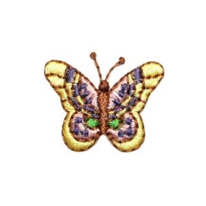 Può includere: Un piccolo ricamo a forma di farfalla con dettagli gialli, viola, marroni e verdi. La farfalla ha un design dettagliato ed è perfetta per aggiungere un tocco di fantasia a mestieri e progetti.
