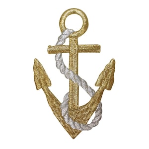 May include: A gold anchor with a silver rope wrapped around it. The anchor is a nautical symbol of hope and safety.
