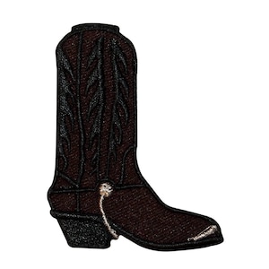 May include: A brown leather cowboy boot with a black embroidered design and a gold spur. The boot has a pointed toe and a high heel.