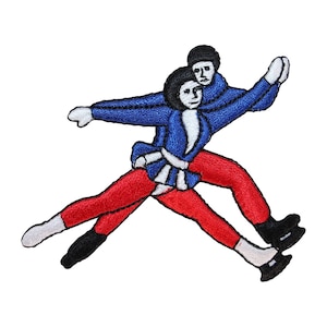 Könnte beinhalten: Ein gestickter Aufnäher mit zwei Eiskunstläufern in einem blauen und roten Kostüm. Die Läufer sind in einer Pose, bei der die Frau auf dem Mann steht.