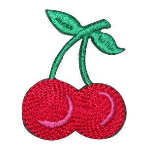 May include: Red embroidered cherries with green stems and leaves.