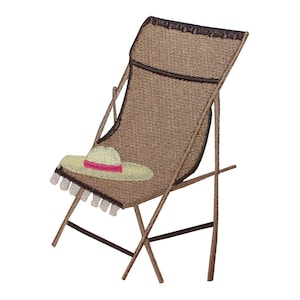 May include: A brown folding chair with a straw-like texture and a brown and white hat on the seat.