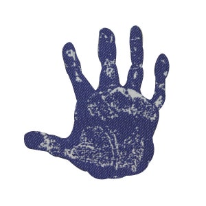 May include: A blue handprint with a white pattern, resembling a textured fabric.