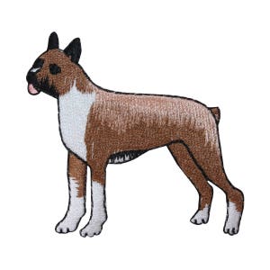 May include: Embroidered patch of a brown and white boxer dog standing with its legs spread apart. The dog is facing to the left.