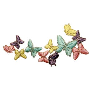 Può includere: Un gruppo di applicazioni di farfalle ricamate colorate in tonalità di rosa, viola, giallo e verde. Le farfalle sono disposte in una linea curva, con le ali spiegate.