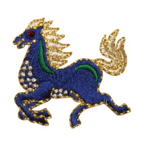 May include: A blue embroidered horse patch with gold and green accents. The horse is running and has a red eye.