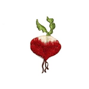 May include: Red and white embroidered radish with green leaves.