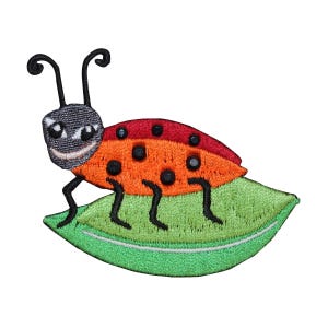 Può includere: Toppa da stirare ricamata con una coccinella rossa e arancione con macchie nere seduta su una foglia verde.