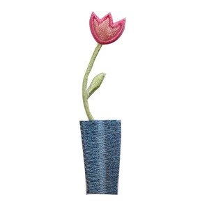 ID 7032 Pink Flower In Blue Vase Patch Garden Pot Embroidered Iron On Applique