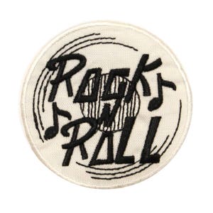 May include: White embroidered iron-on patch with a black vinyl record design and the text "Rock 'n' Roll" in a stylized font.