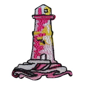May include: Embroidered iron-on patch of a pink and white lighthouse with yellow accents. The lighthouse is on a small island with waves.