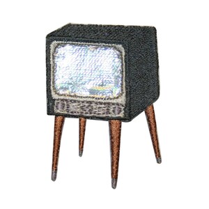 May include: A vintage-style television with a black and white screen and brown legs. The television is on a white background.