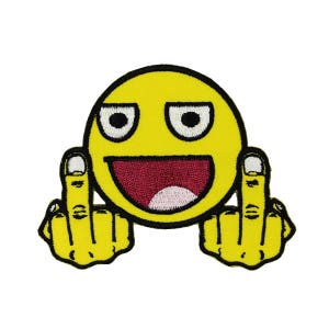May include: Yellow smiley face with a wide open mouth and raised eyebrows, giving the middle finger with both hands.