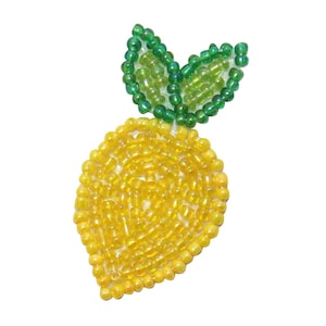 May include: A beaded lemon-shaped applique with a bright yellow body and two green leaves. The lemon is made of small, yellow beads, and the leaves are made of green beads. The applique is likely for clothing or accessories.