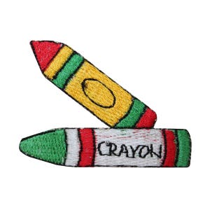 May include: Two embroidered crayon patches, one yellow with red and green stripes and the word "CRAYON" written on it, and the other green with red and white stripes.