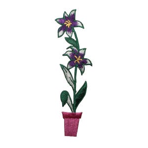 May include: Purple and white embroidered flower with yellow centre in a pink pot with green leaves.