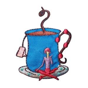 May include: Embroidered patch of a blue teacup with a brown teabag and a red figure sitting inside. The teacup has a brown handle with red accents.