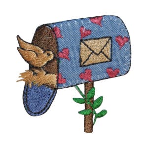 May include: Embroidered patch of a blue mailbox with red hearts, a brown bird, and a brown envelope. The mailbox is on a brown post with green leaves.