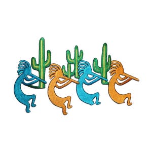 May include: Four colorful embroidered figures of Native American dancers playing flutes, with green cactus plants behind them.