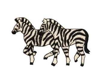 ID 0632 Pair of Zebra Walking Patch Safari Zoo Herd Embroidered Iron On Applique