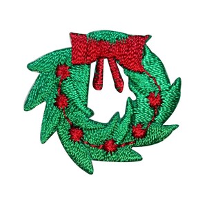 May include: Embroidered Christmas wreath patch with green leaves, red berries, and a red bow. The wreath is circular and has a detailed, textured appearance, perfect for holiday crafts and decorations.
