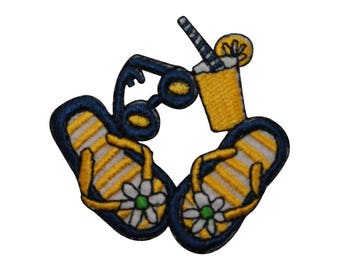 May include: An embroidered iron-on patch featuring a pair of yellow and blue flip flops, sunglasses, and a yellow drink with a lemon slice and straw.