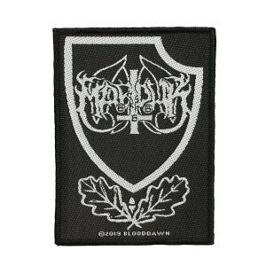 May include: Black and white embroidered patch with a shield design featuring the band name "Watain" in a gothic font. The shield is surrounded by two oak leaves and the text "©2019 BLOODDAWN" is at the bottom.